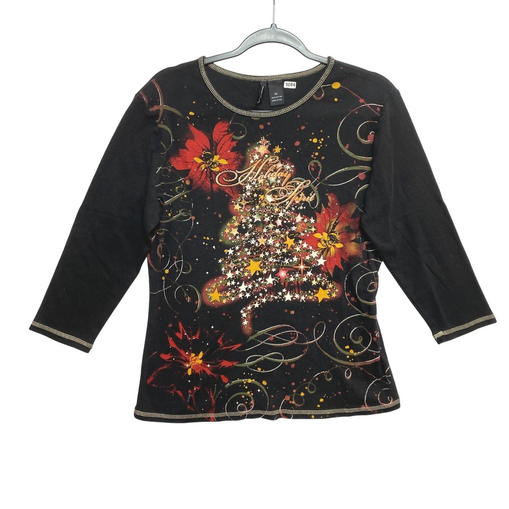 New Directions Graphic T-Shirt Womens XL Black Christmas Tree USA Made